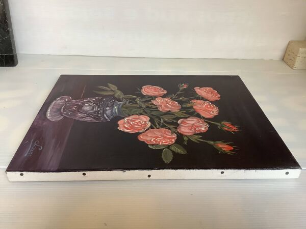 Tableau bouquet de rosesn huile sur toile signée
