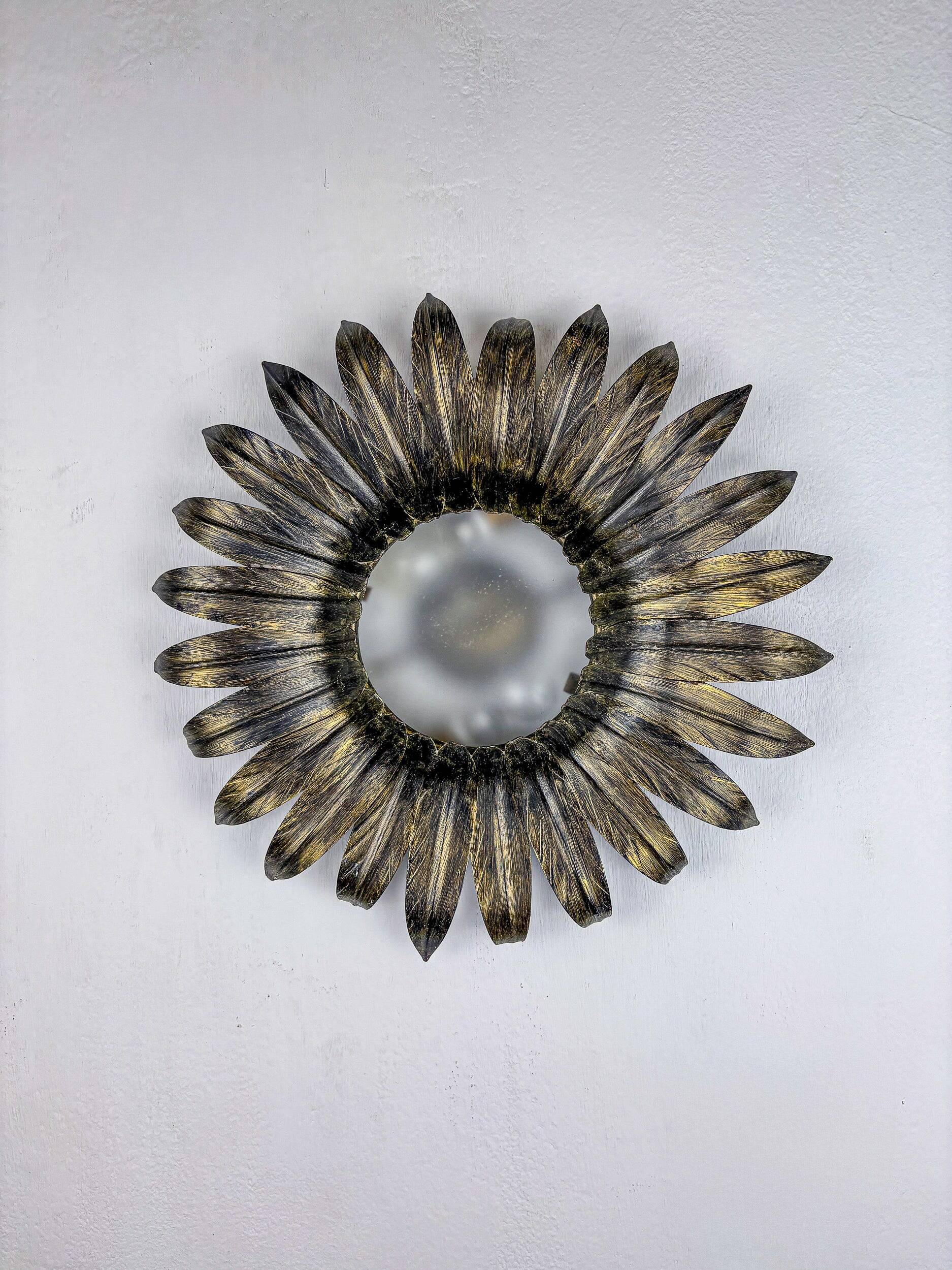 Spanish sunburst foliage ceiling light fixture in gilt iron, 1960s