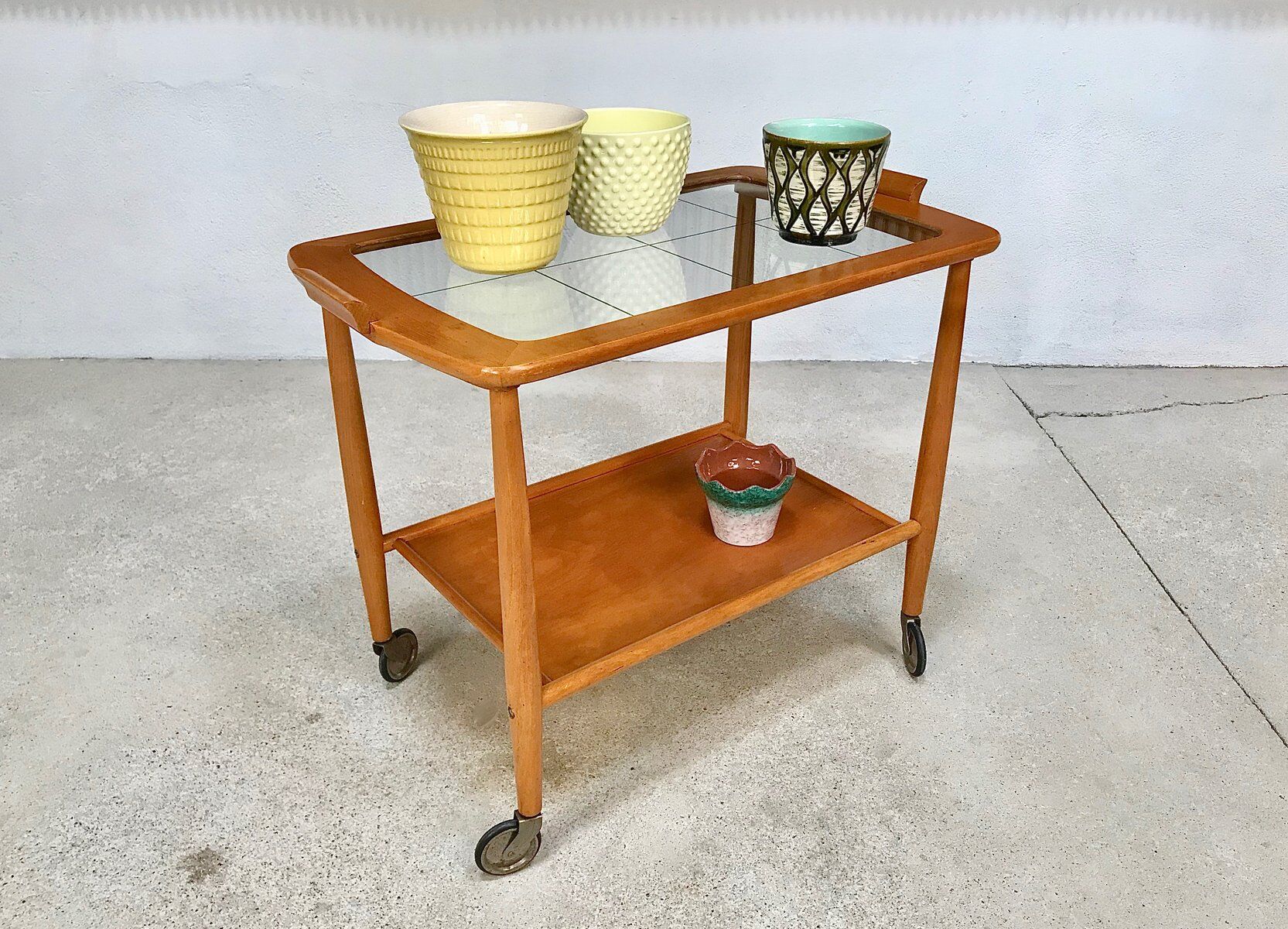 Mid-Century Modern Beech, Glass & Brass Serving Trolley, Germany 1950s