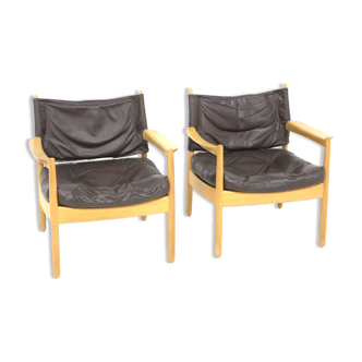 Set of 2 leather armchairs, Sweden, 1960