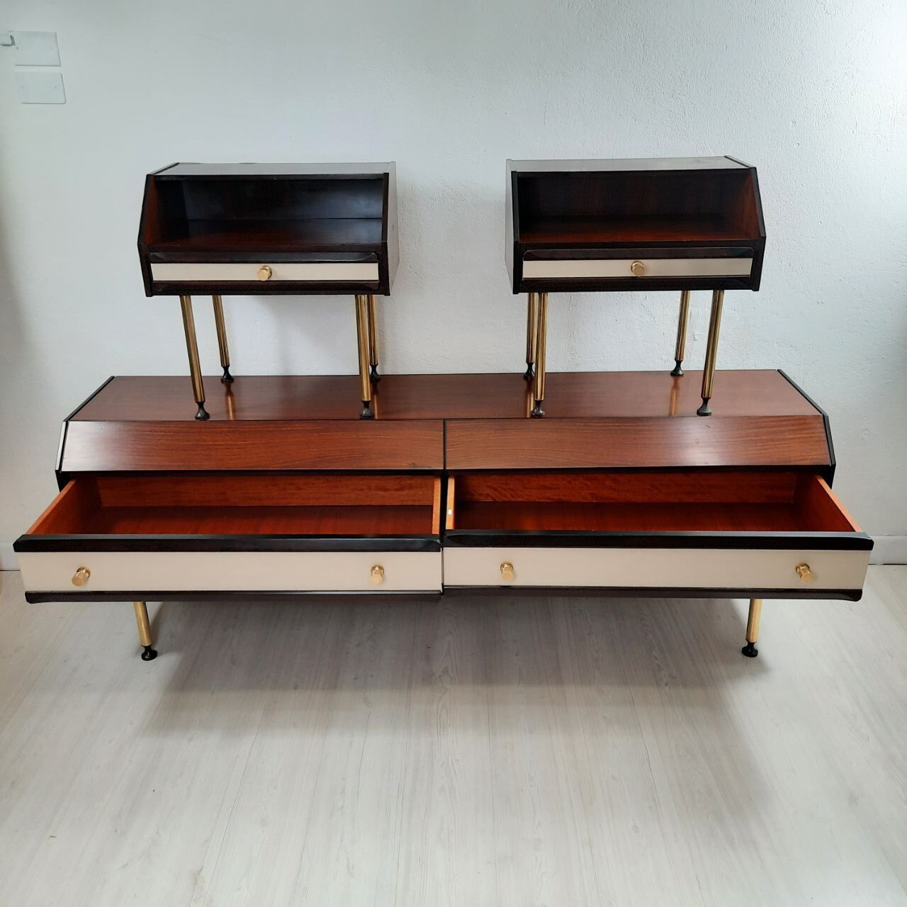 Dresser / chest of drawers and bedside tables - 1960s - faux leather brass
