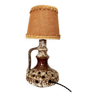 2-light table lamp in beige cotton and openwork ceramic, 1950s