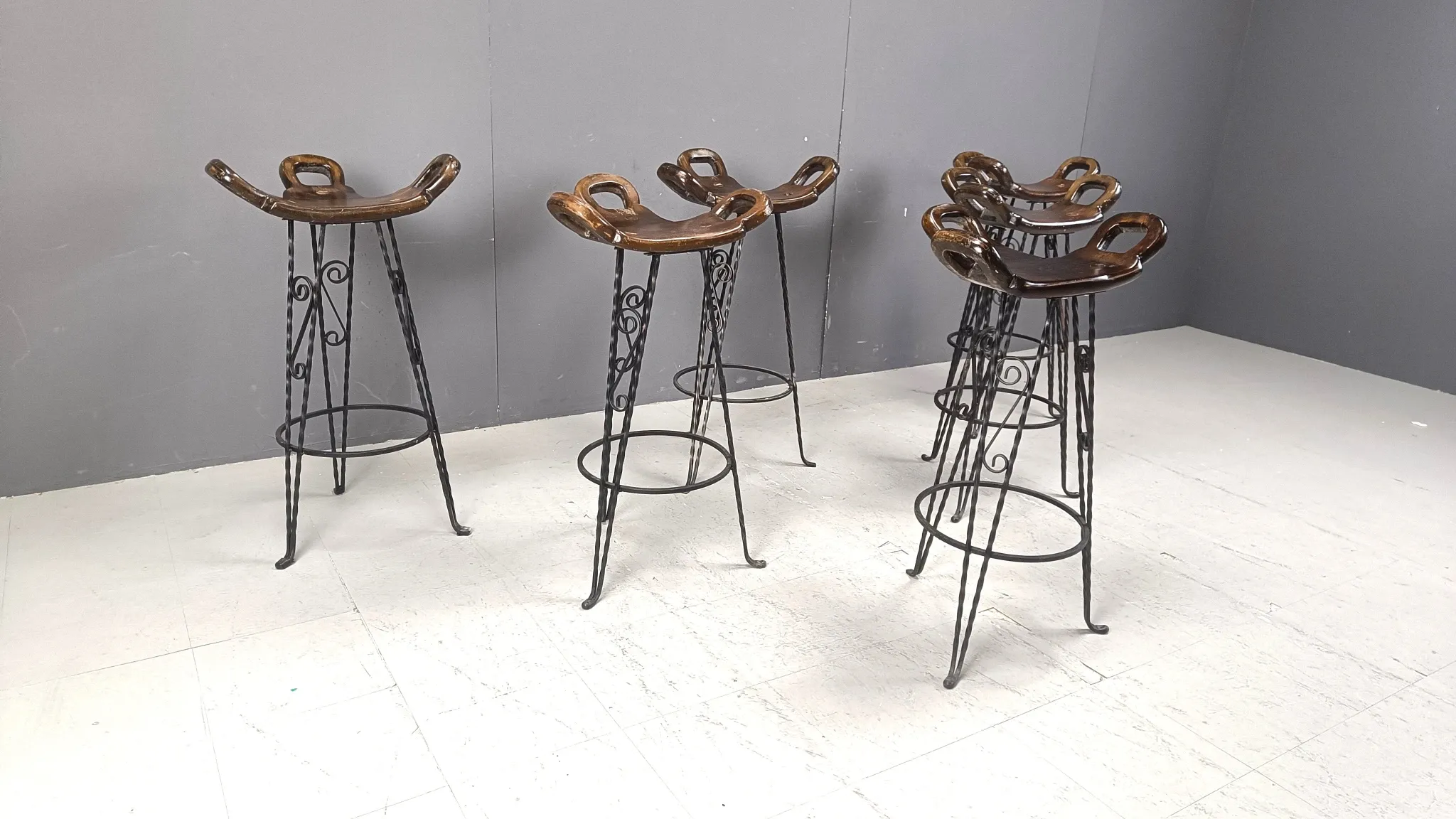 Vintage Spanish wrought iron bar stools, 1960s - set of 6