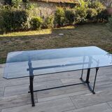 Glass and metal table with 8 chairs
