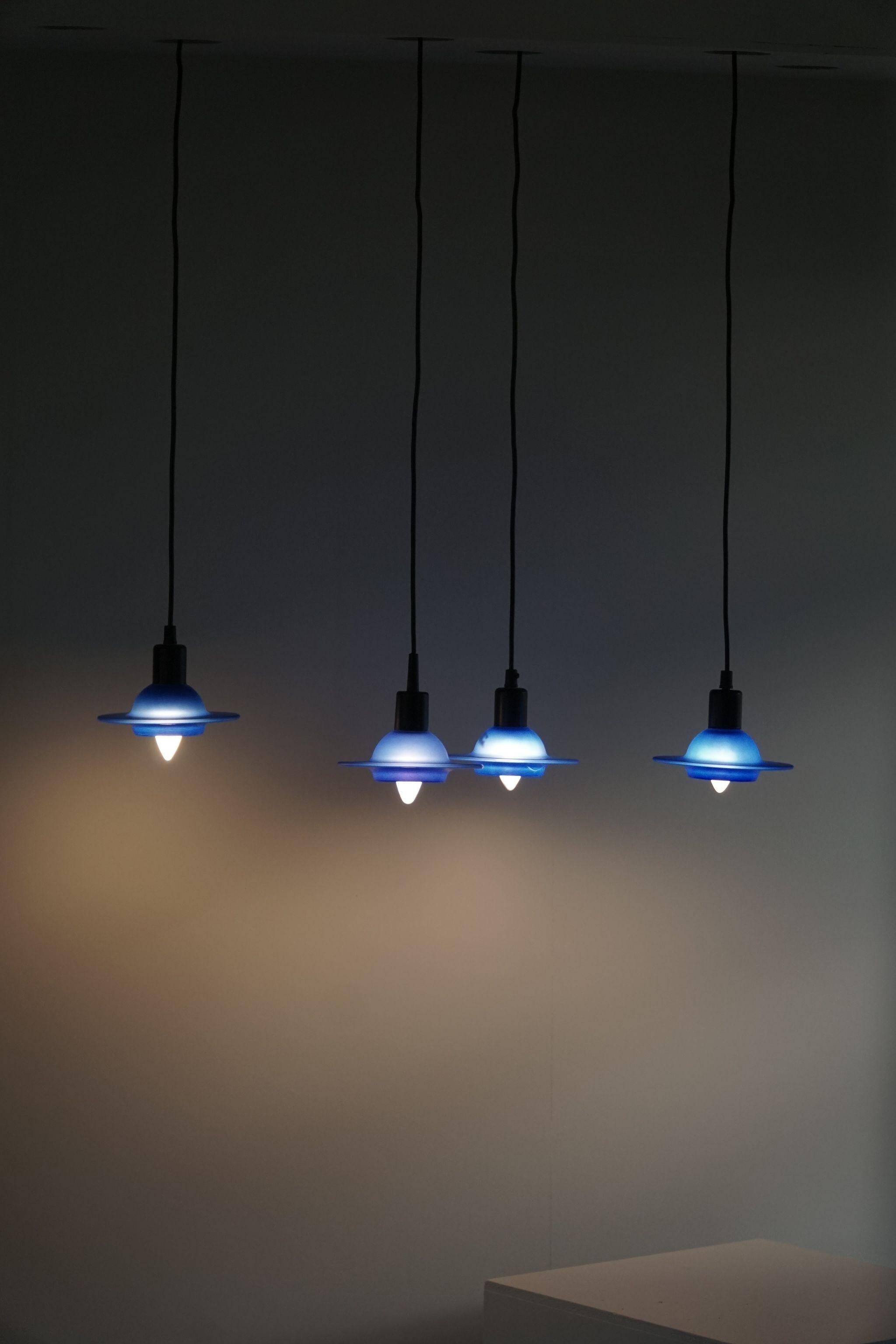 Set of 4 vintage blue glass pendants, made by Design Light A/S, Denmark, 1990s.