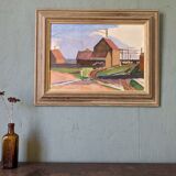 Peinture à l’huile de paysage vintage suédoise moderne du milieu du siècle « Suburban Serenade », encadrée, 1951