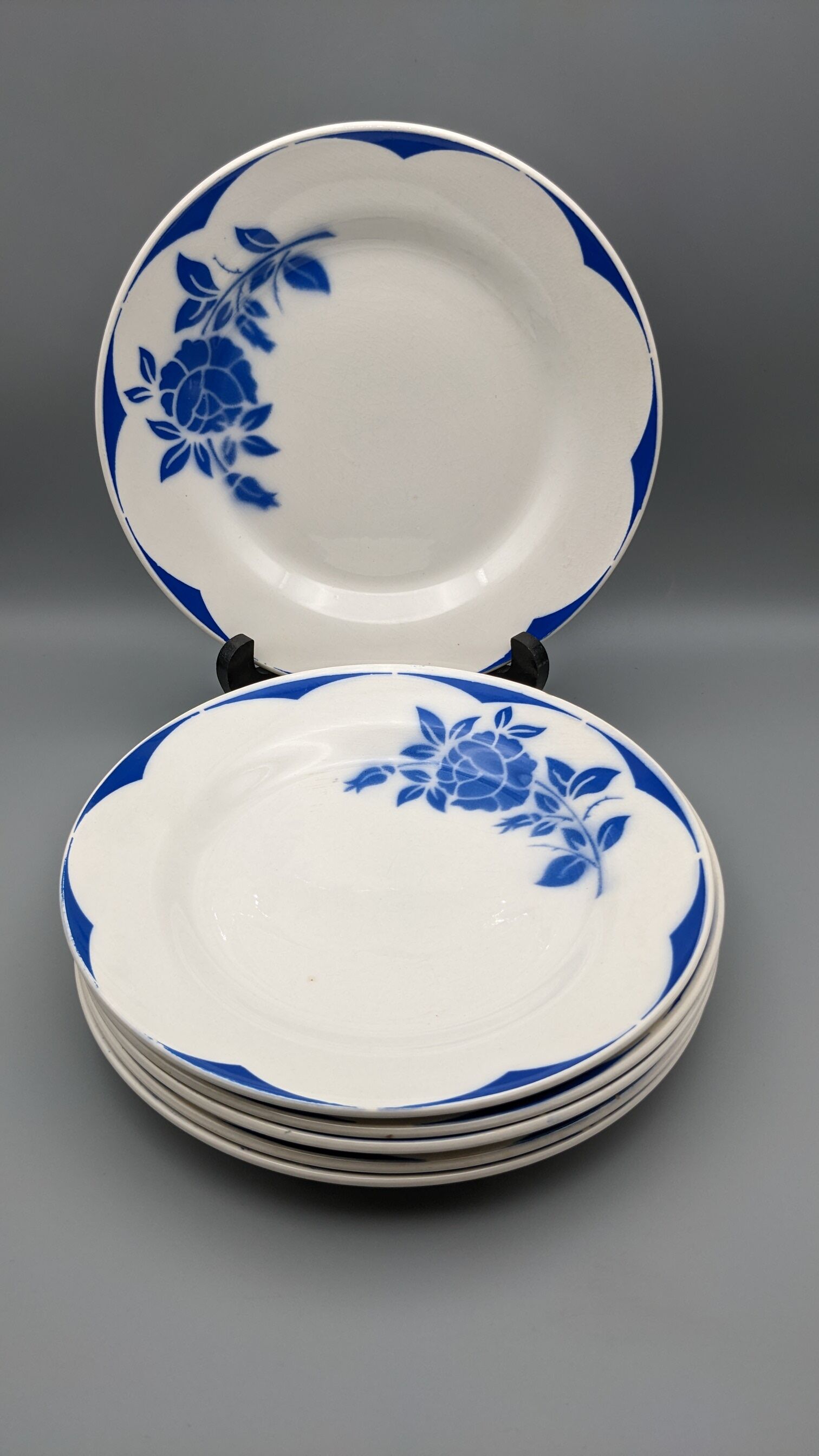 Series of 6 vintage art deco plates Digoin Sarreguemines Corsica blue flowers