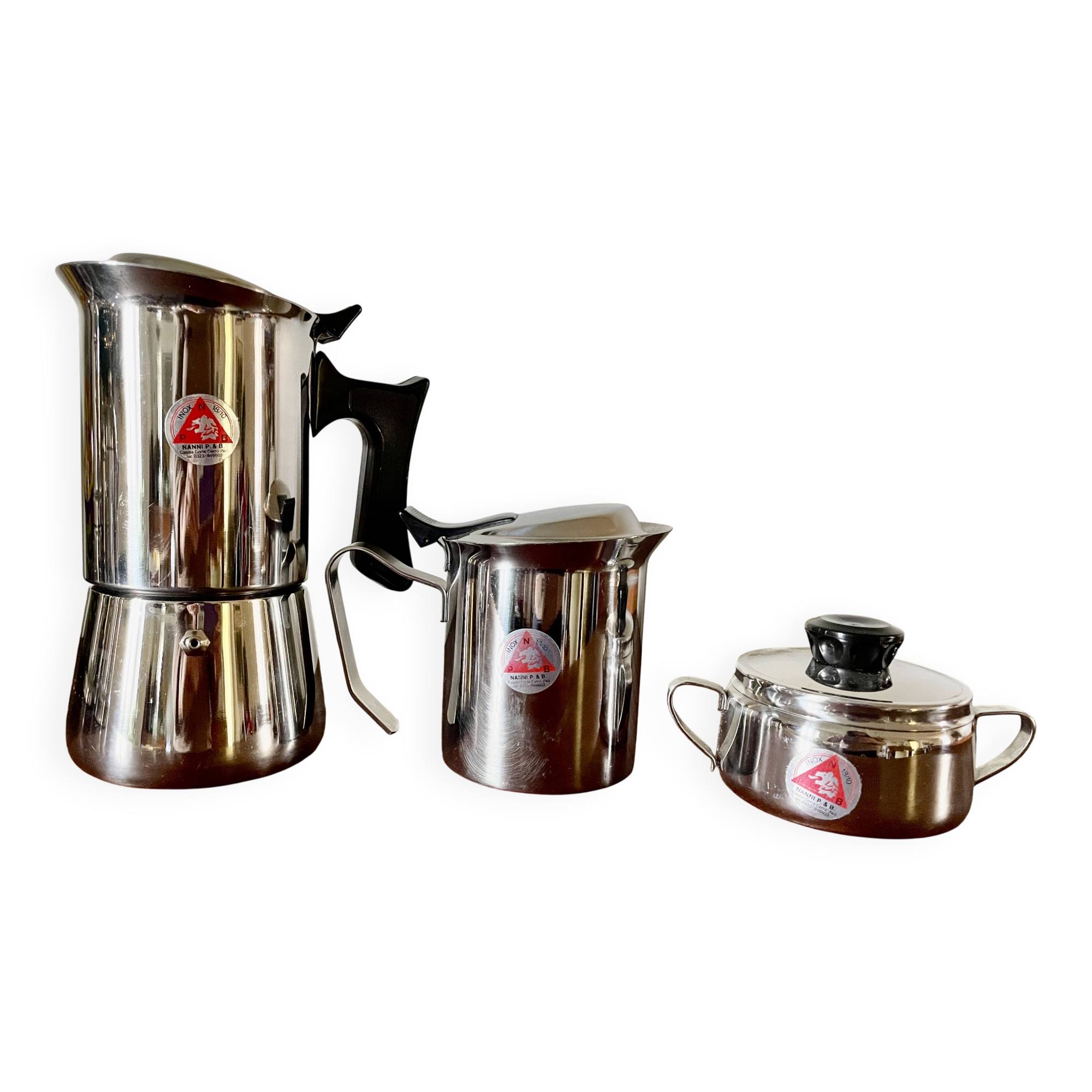 Euroexpress Nanni stainless steel set, 6-cup coffee maker, Italy 1980