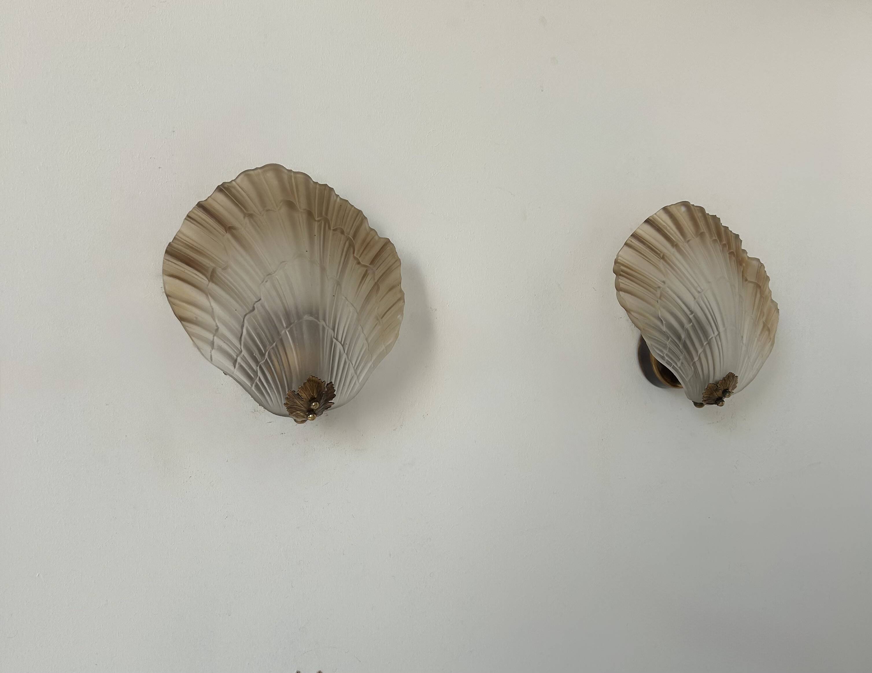 Pair of shell wall lights, glass and brass, France 1960