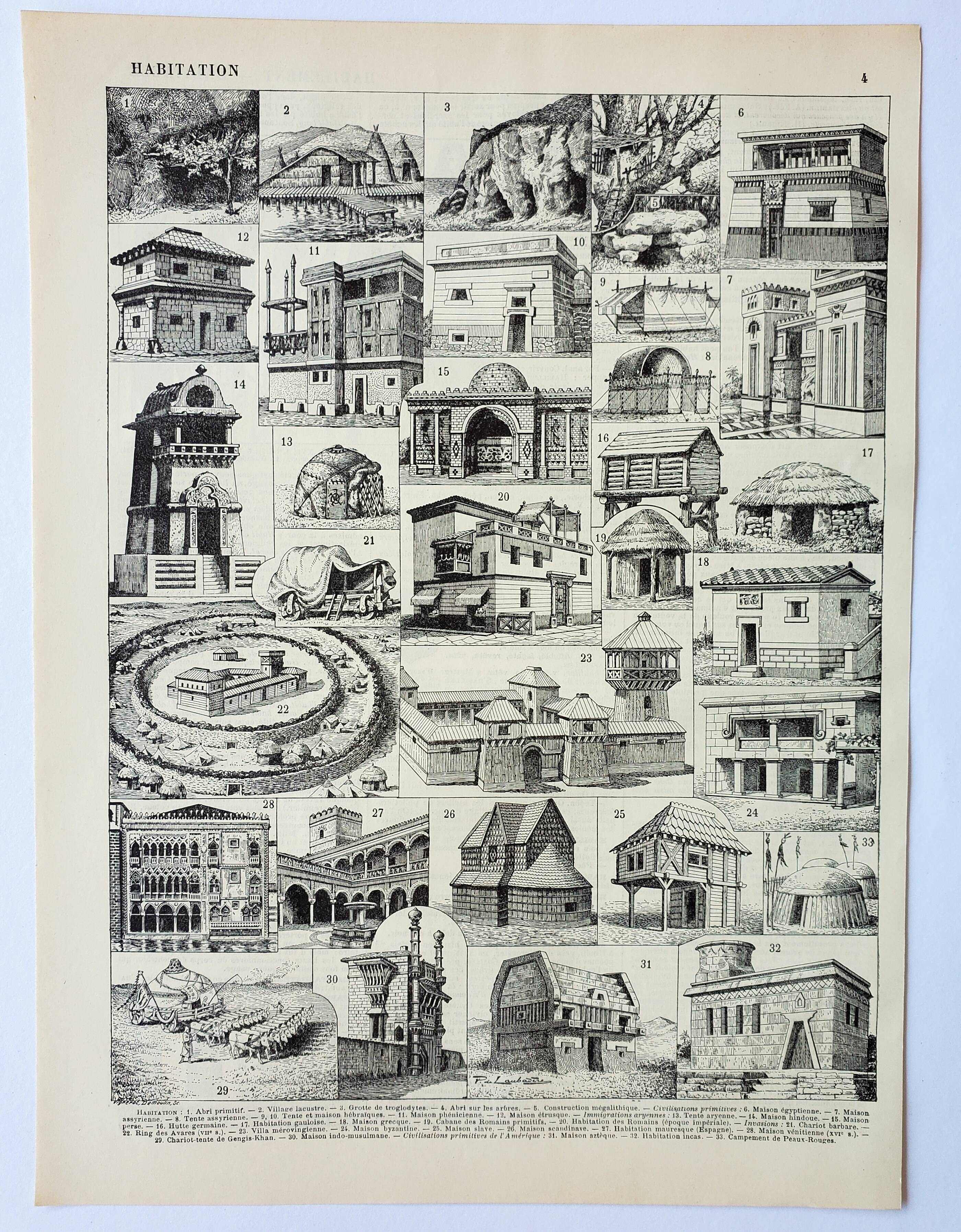 Old engraving from 1898 • Old dwelling 1, architecture • Original and vintage poster