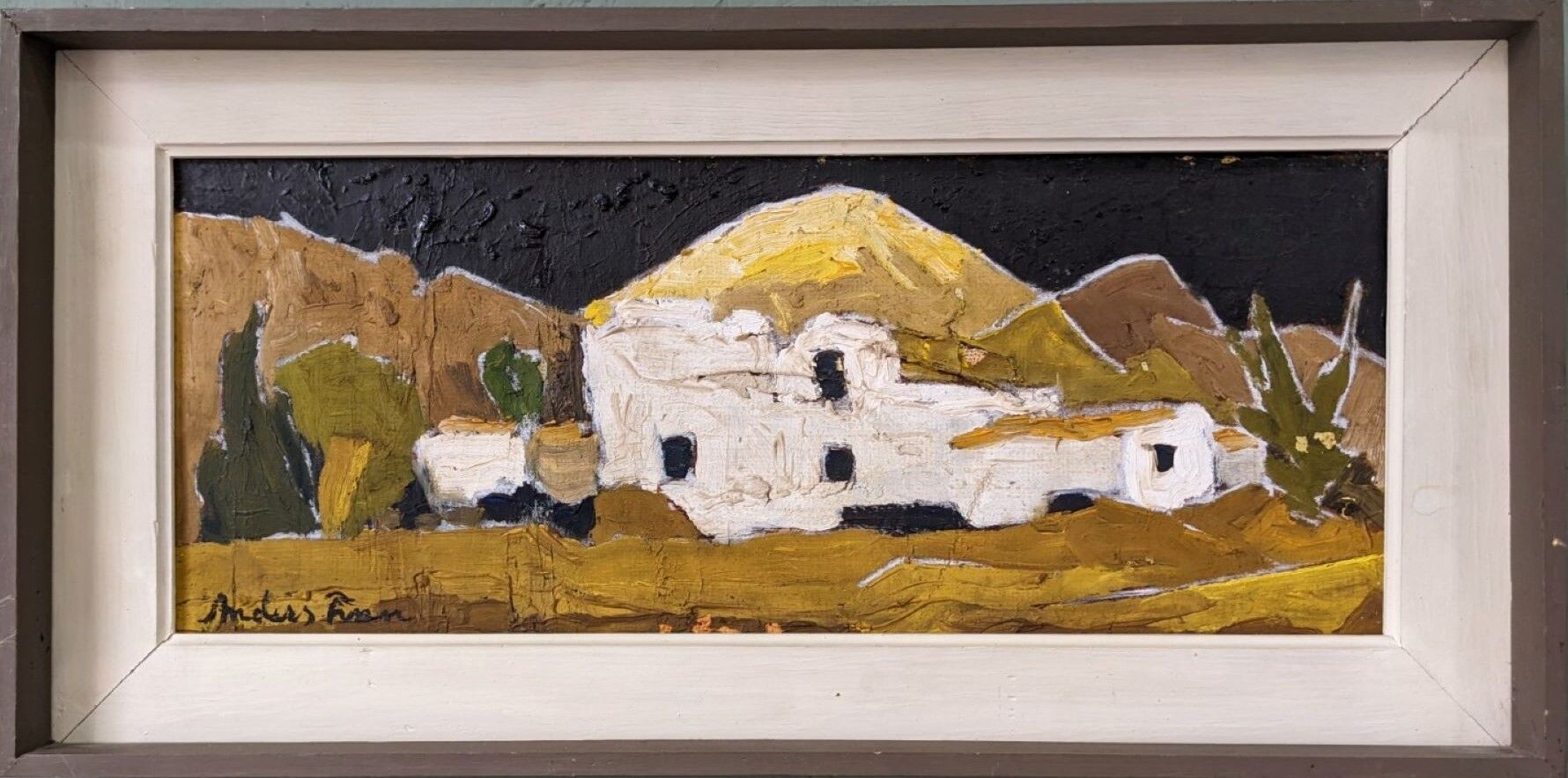 Mid-Century Modern Swedish Oil Painting "White Village" Vintage Framed Landscape