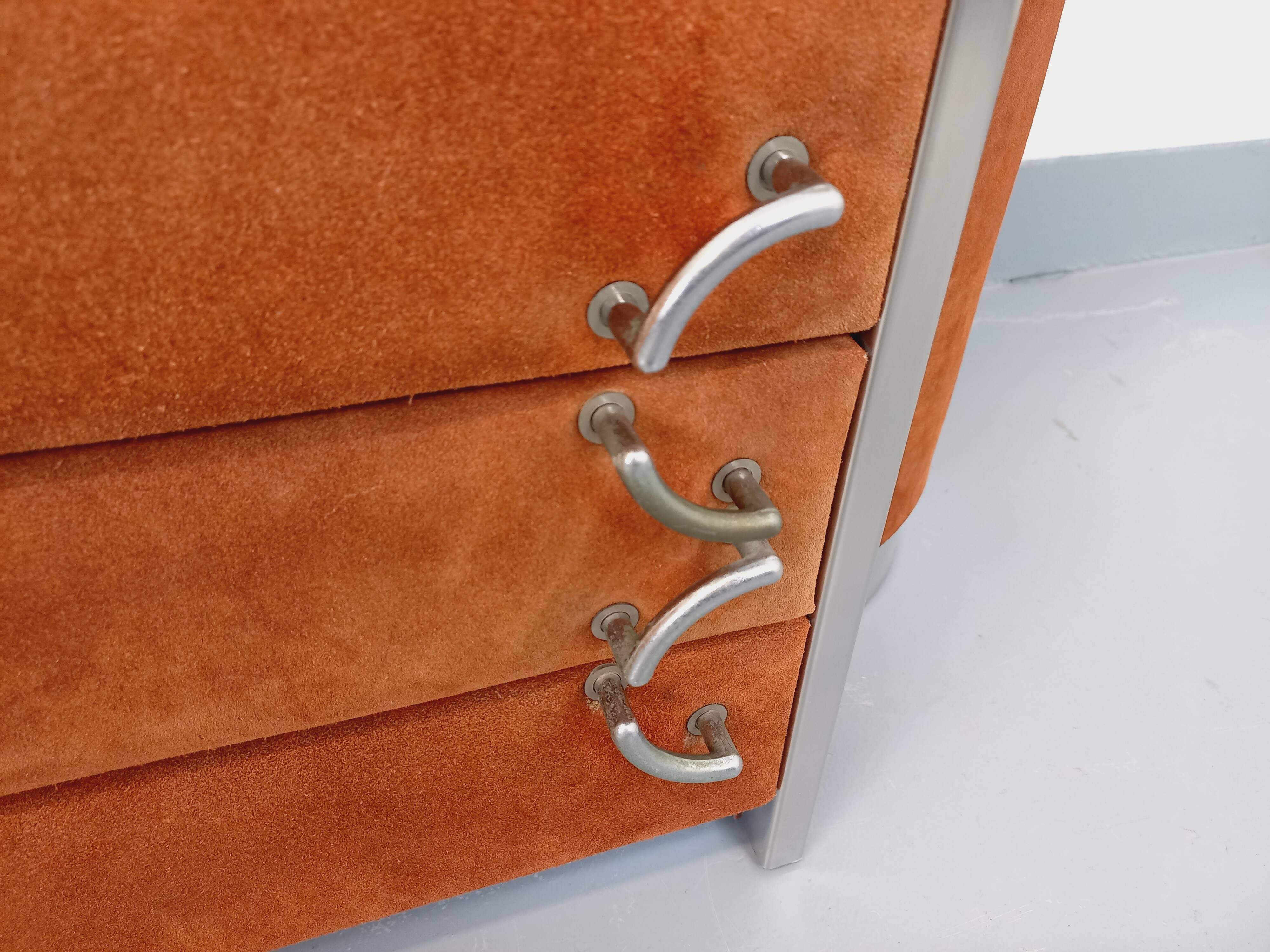 Vintage Italian hairdresser design in suede velvet, chrome, smoked glass and