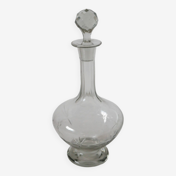 grande carafe à vin en verre gravé et bouchon facetté 1930