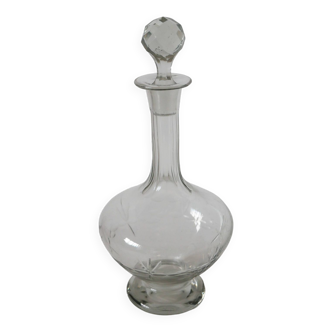 grande carafe à vin en verre gravé et bouchon facetté 1930