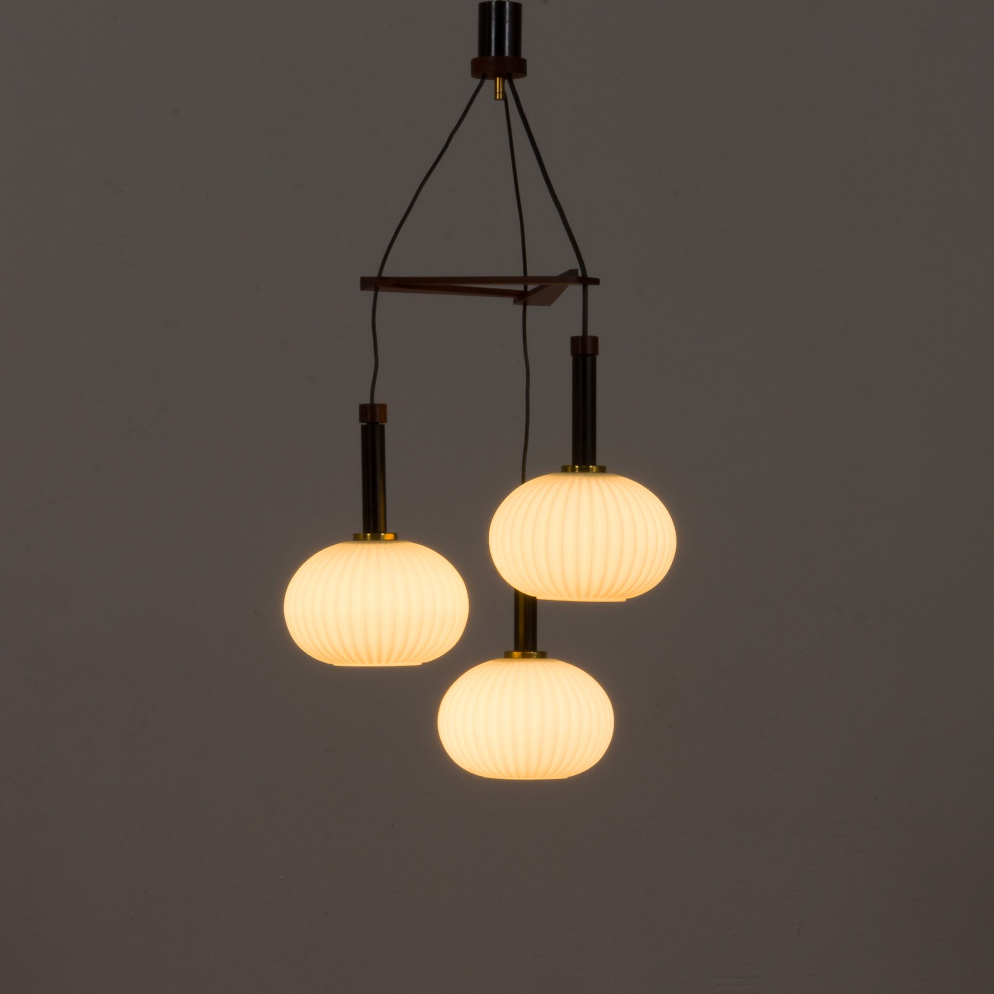 Ribbed glass and teak pendant lamp, 60s.