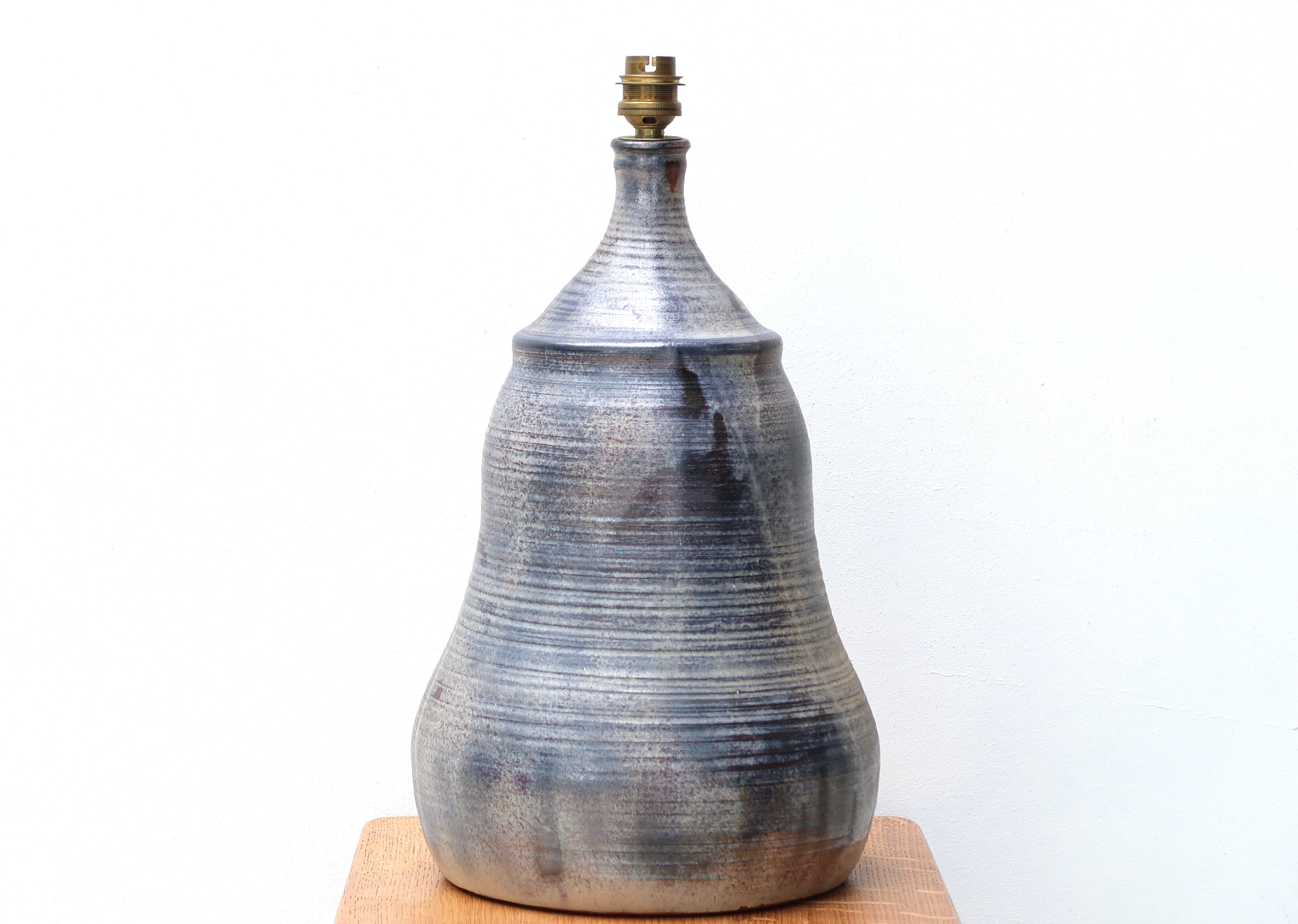 Signed ceramic lamp, raffia lampshade, 70s