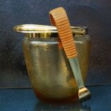 Seau à glace en verre ambré craquelé du milieu du siècle WMF avec poignée en rotin