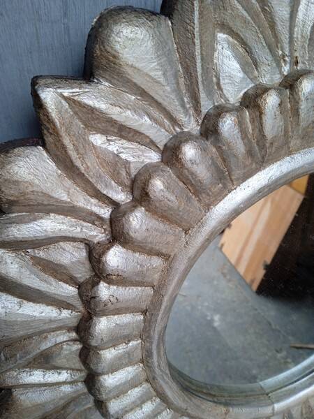 Carved wood sun mirror 40cm silver ep 1960