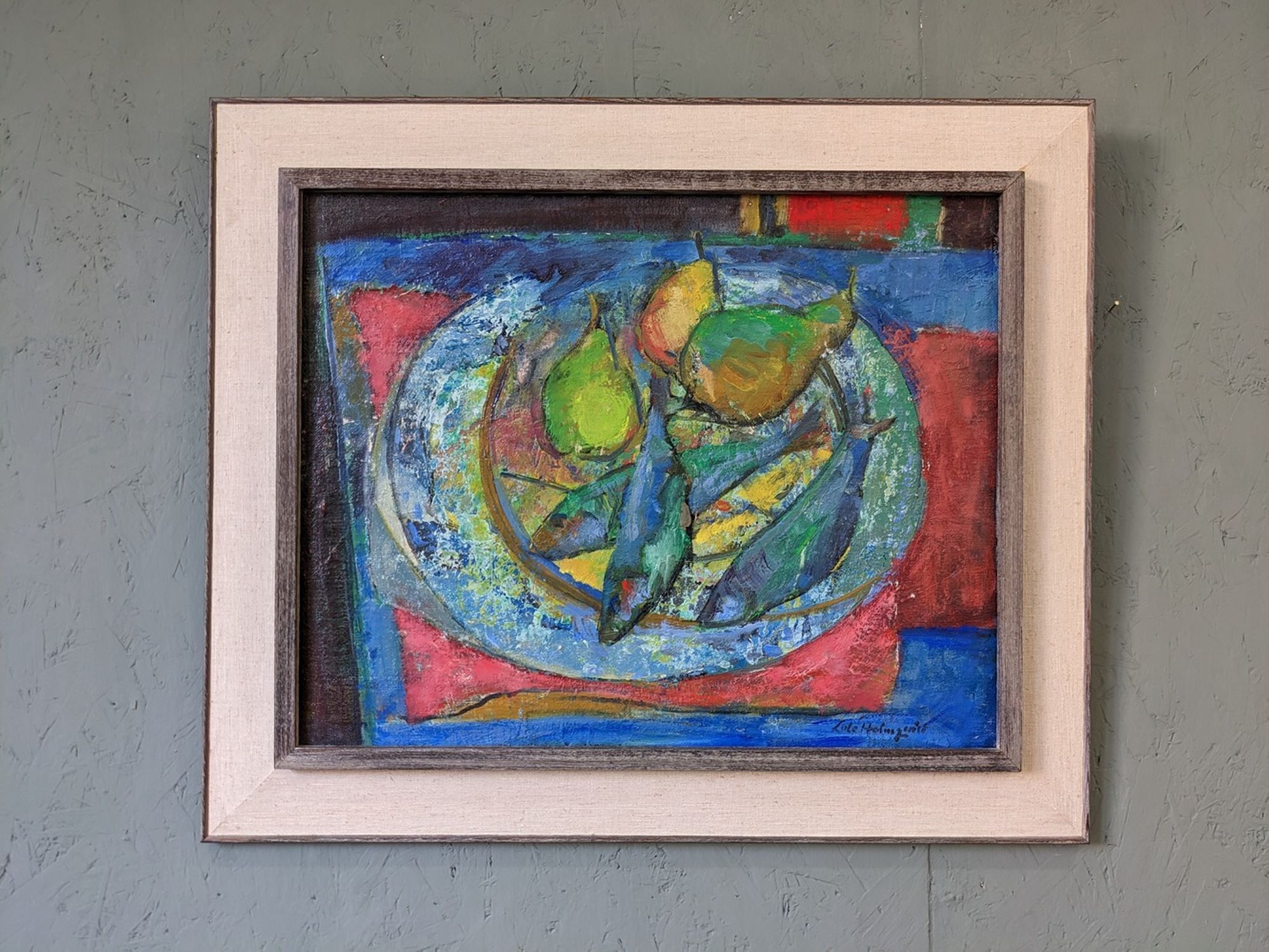 Mid-Century Modern Swedish "Fish & Fruit" Vintage Still Life Oil Painting, Framed