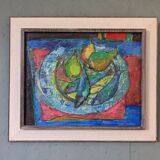 Mid-Century Modern Swedish "Fish & Fruit" Vintage Still Life Oil Painting, Framed