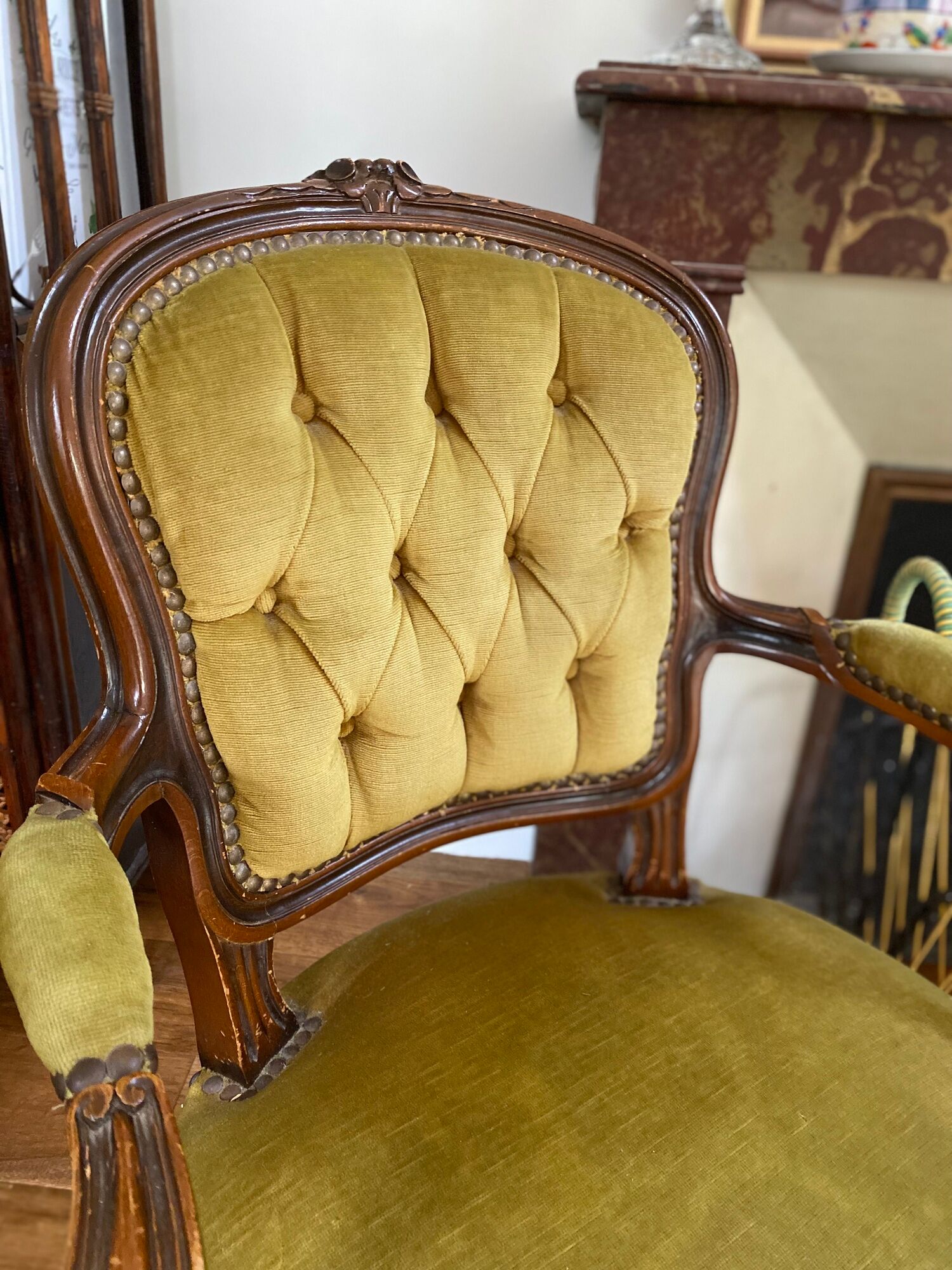 Cabriolets or Bergère armchairs Louis XV style in light green upholstered velvet