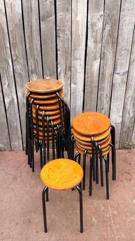 Vintage black wooden and metal stool, 1970s.