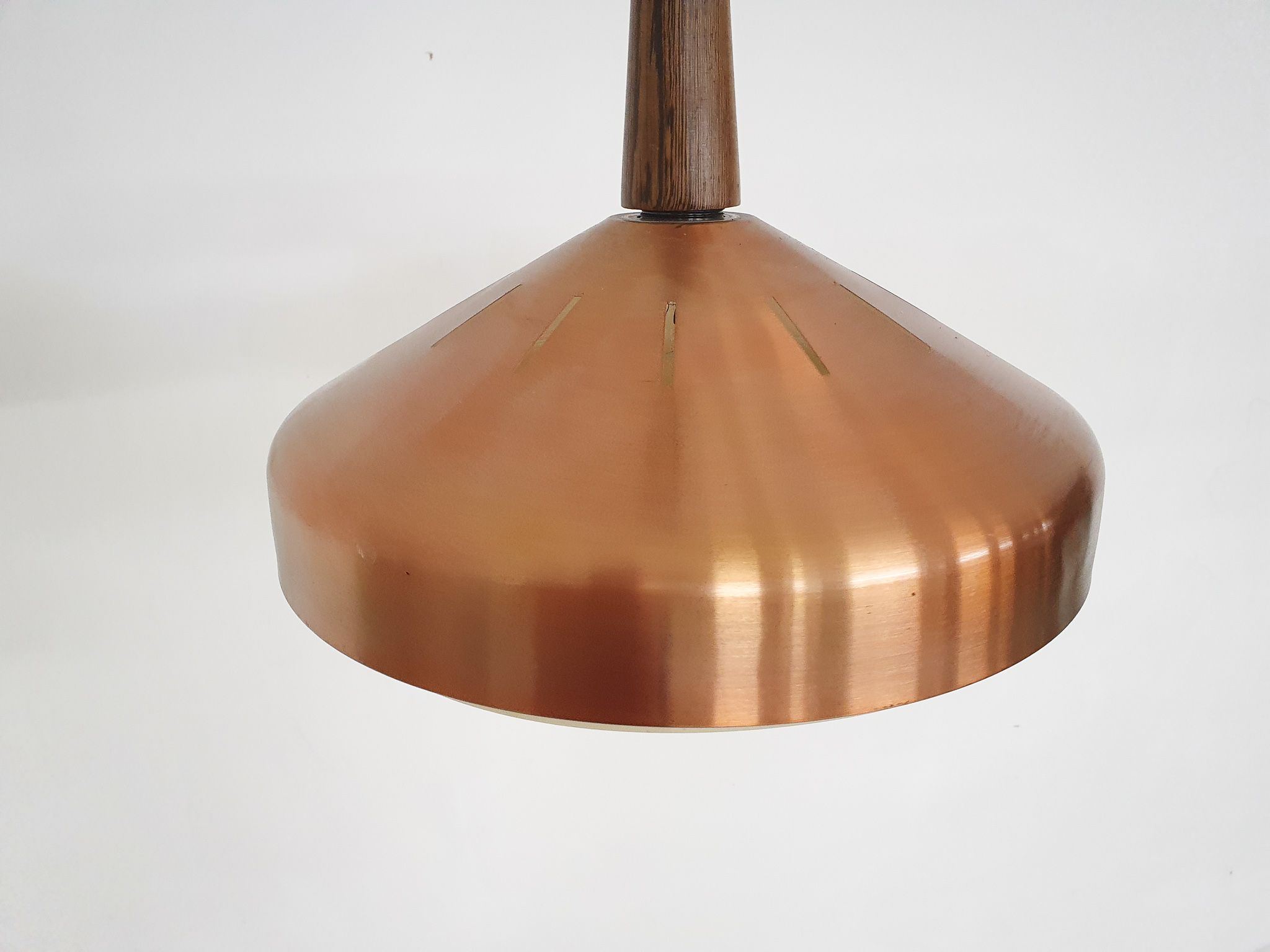 Sandinavian modern copper and wood pendant light, 1960's