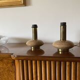 Ensemble de 2 pieds de lampes de table Hollywood Regency en granit rose et laiton, Italie 1970