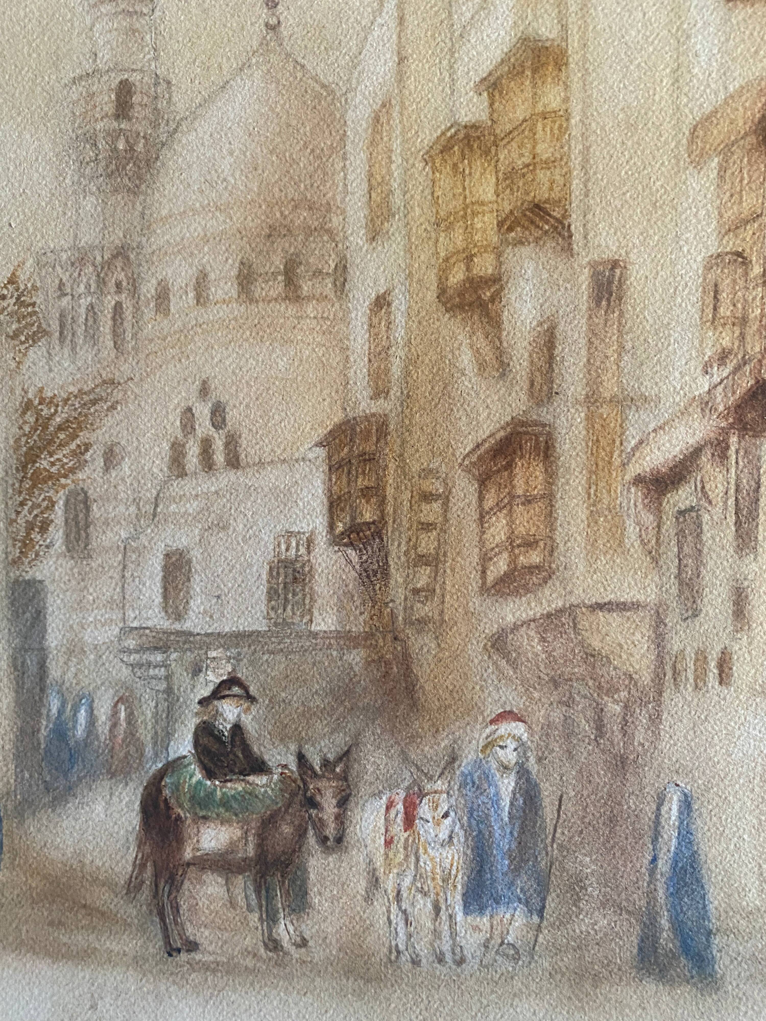 Original watercolor painting "Orientalist View of Medina" signed Rose Picard