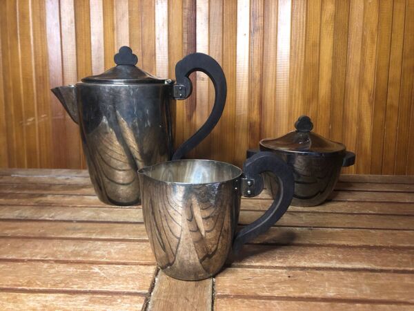 Ancien service café thé art déco métal argenté & anses bois noir vintage #a591