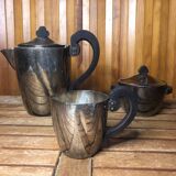 Old art deco coffee tea service silver metal & vintage black wood handles #a591