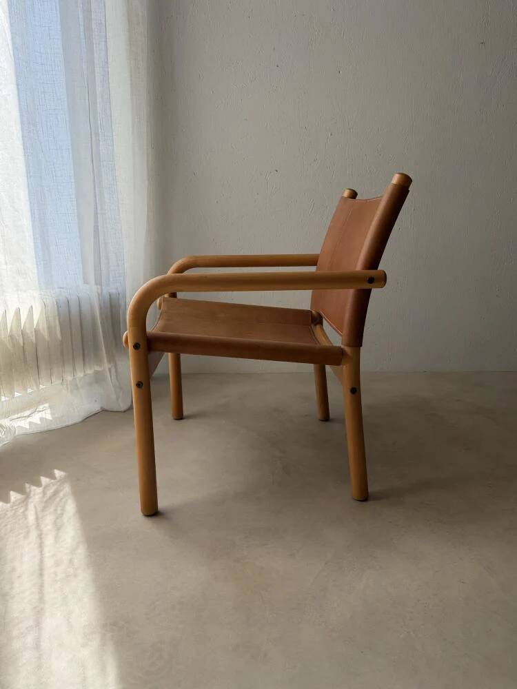 Danish safari armchair beech wood leather 1970s