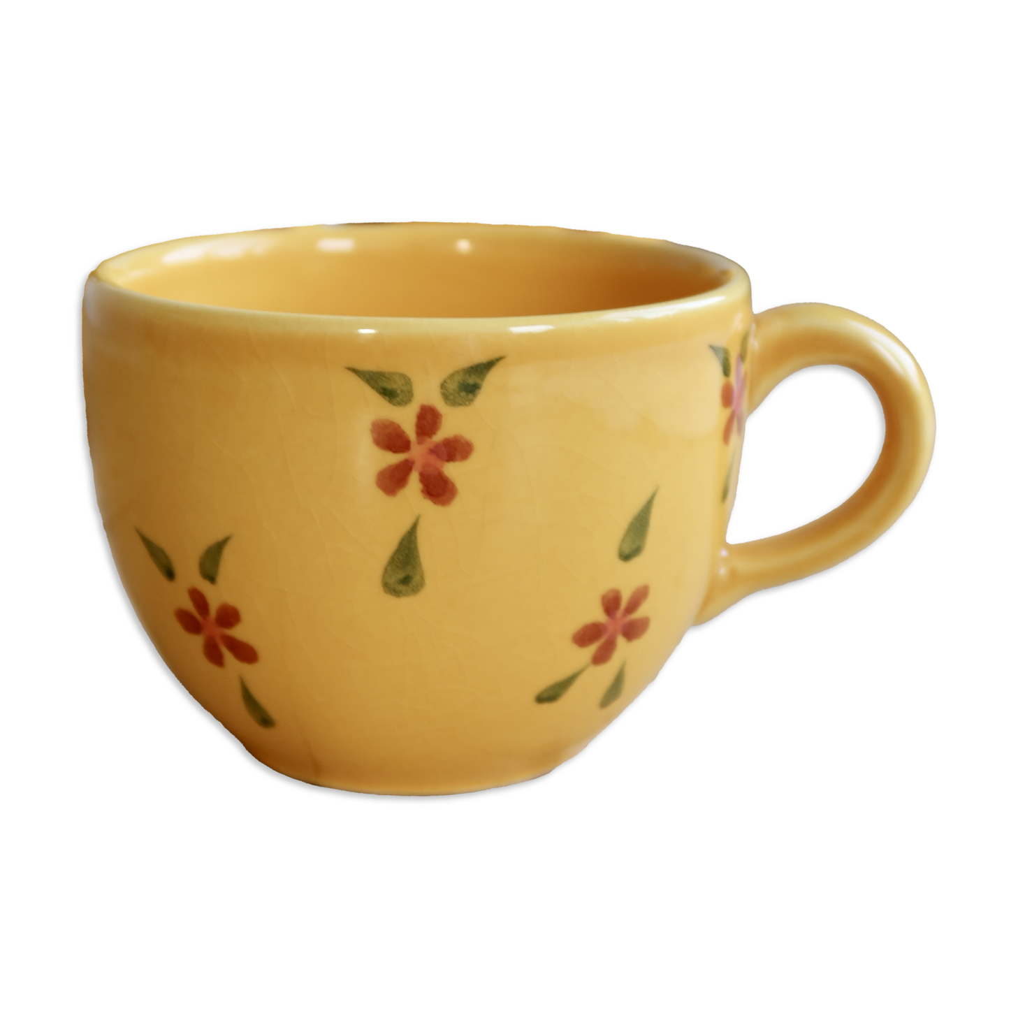 Large vintage ceramic mug in yellow with hand-painted flowers.