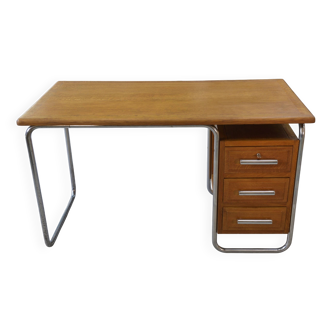 Bauhaus design desk in chrome tube and solid oak by Kovona 1960s