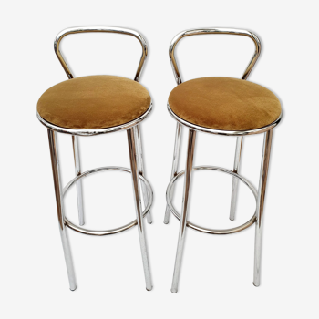Pair of chromed metal bar stools, velvet, Rodet