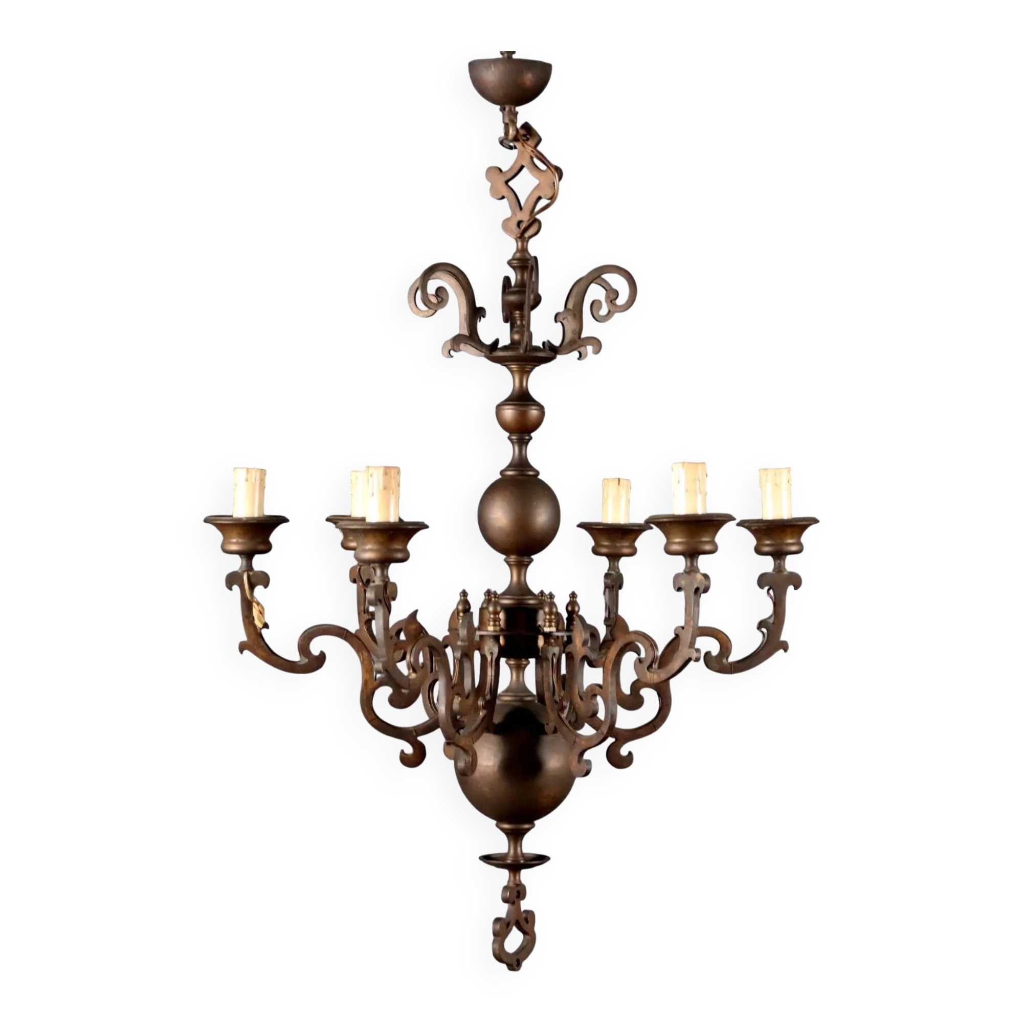Antique bronze metal chandelier with 6 lights, Netherlands, 20th century.