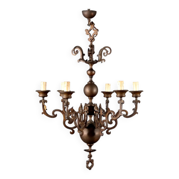 Antique bronze metal chandelier with 6 lights, Netherlands, 20th century.