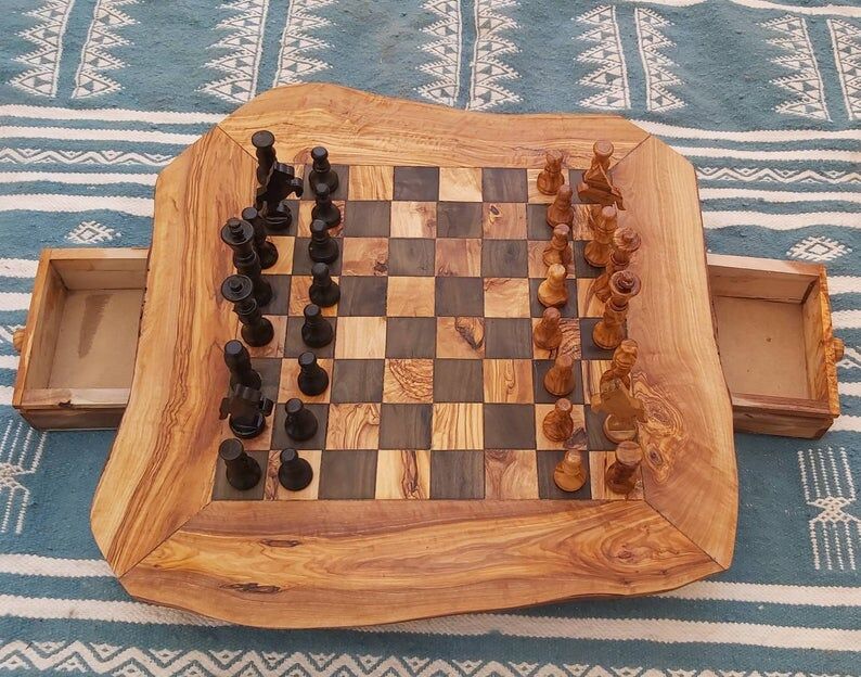 Rustic wooden chessboard with drawers, chess set 19
