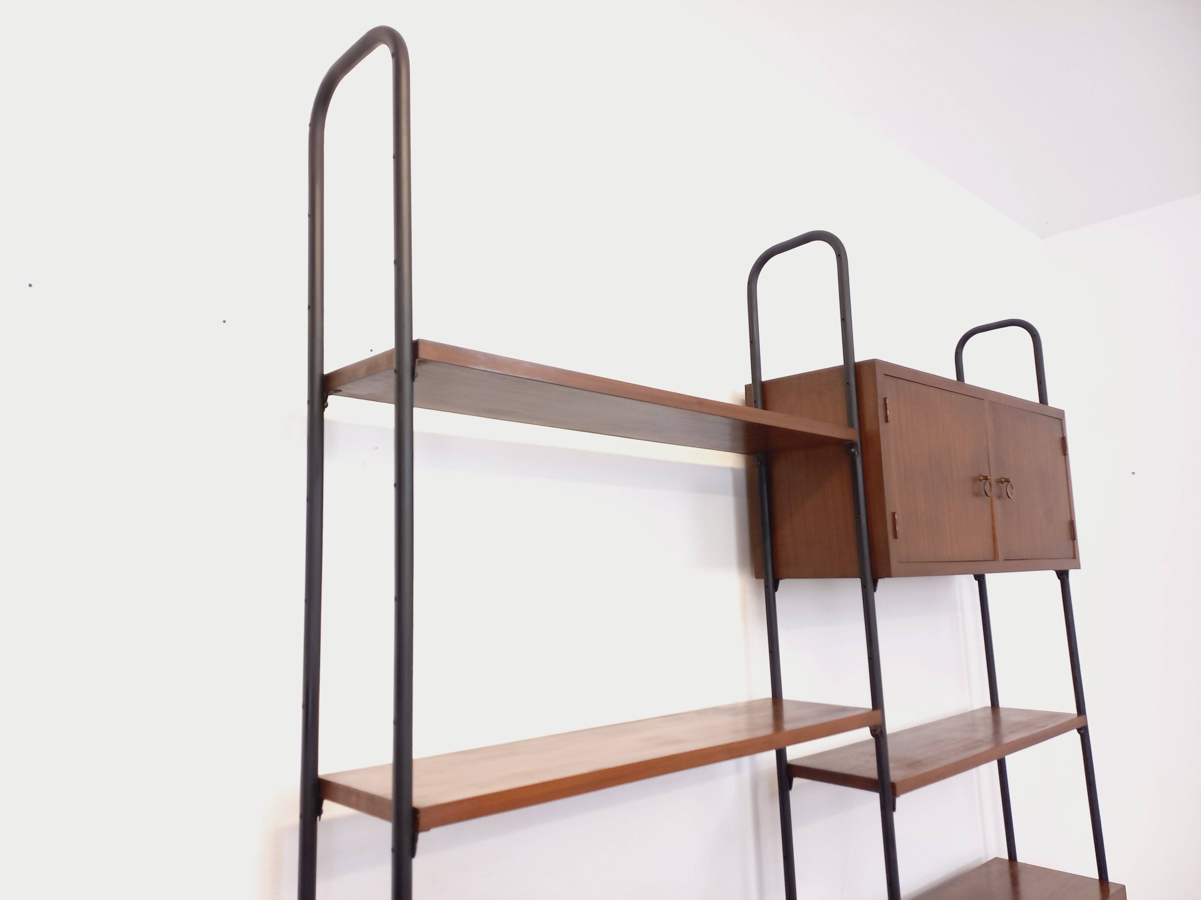 Vintage Italian double modular bookcase in wood and metal