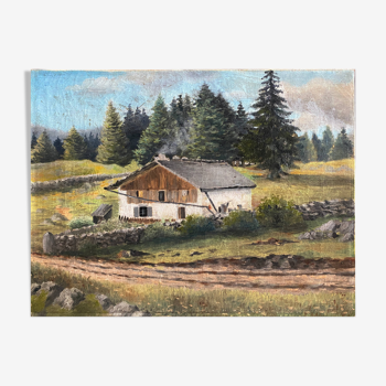 Tableau HST "Chalet en alpage" Montagne XIX° siècle