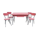 Red / pink formica table and its 4 chairs, vintage 70s.
