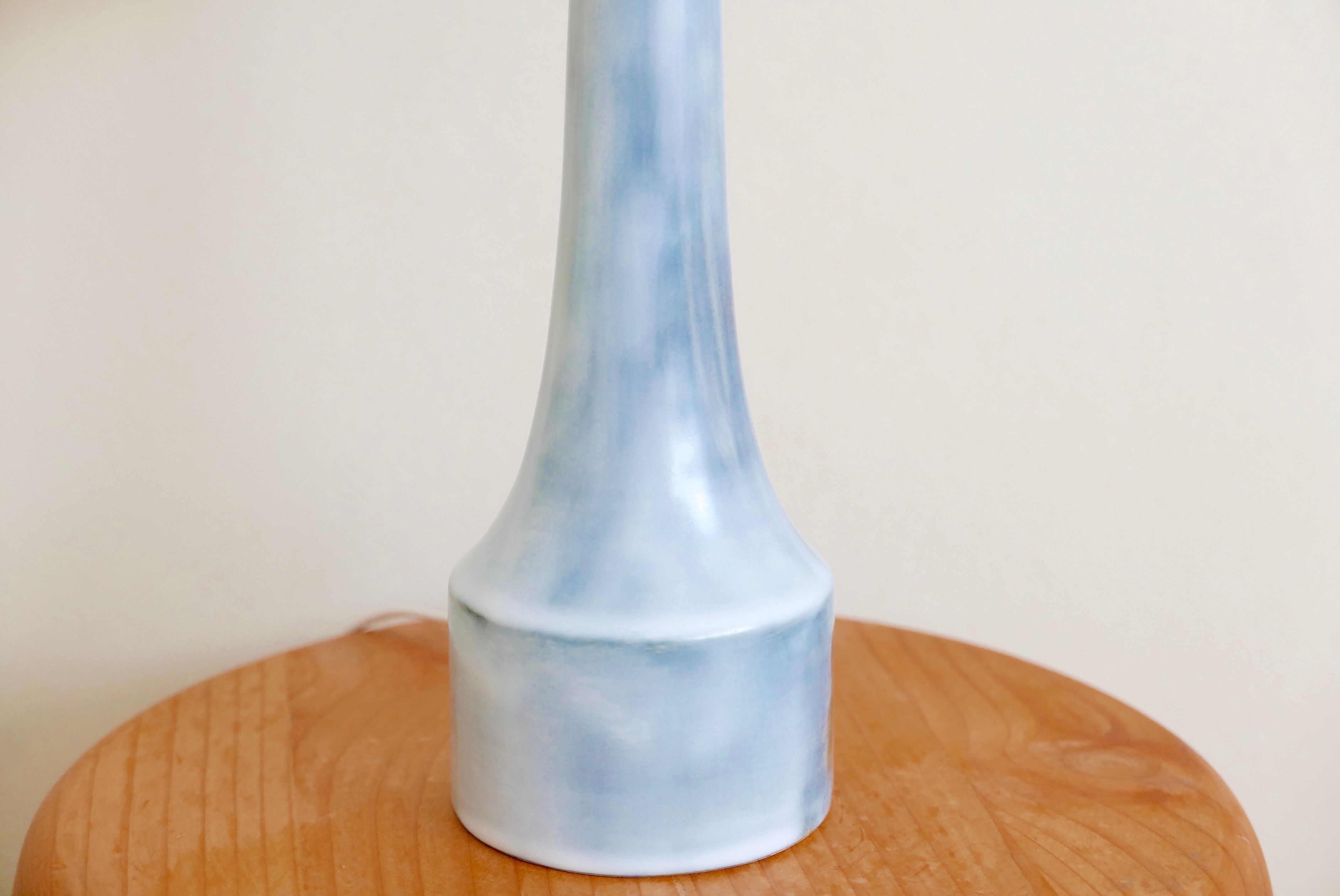 Signed pale blue ceramic lamp, raffia lampshade, 60s