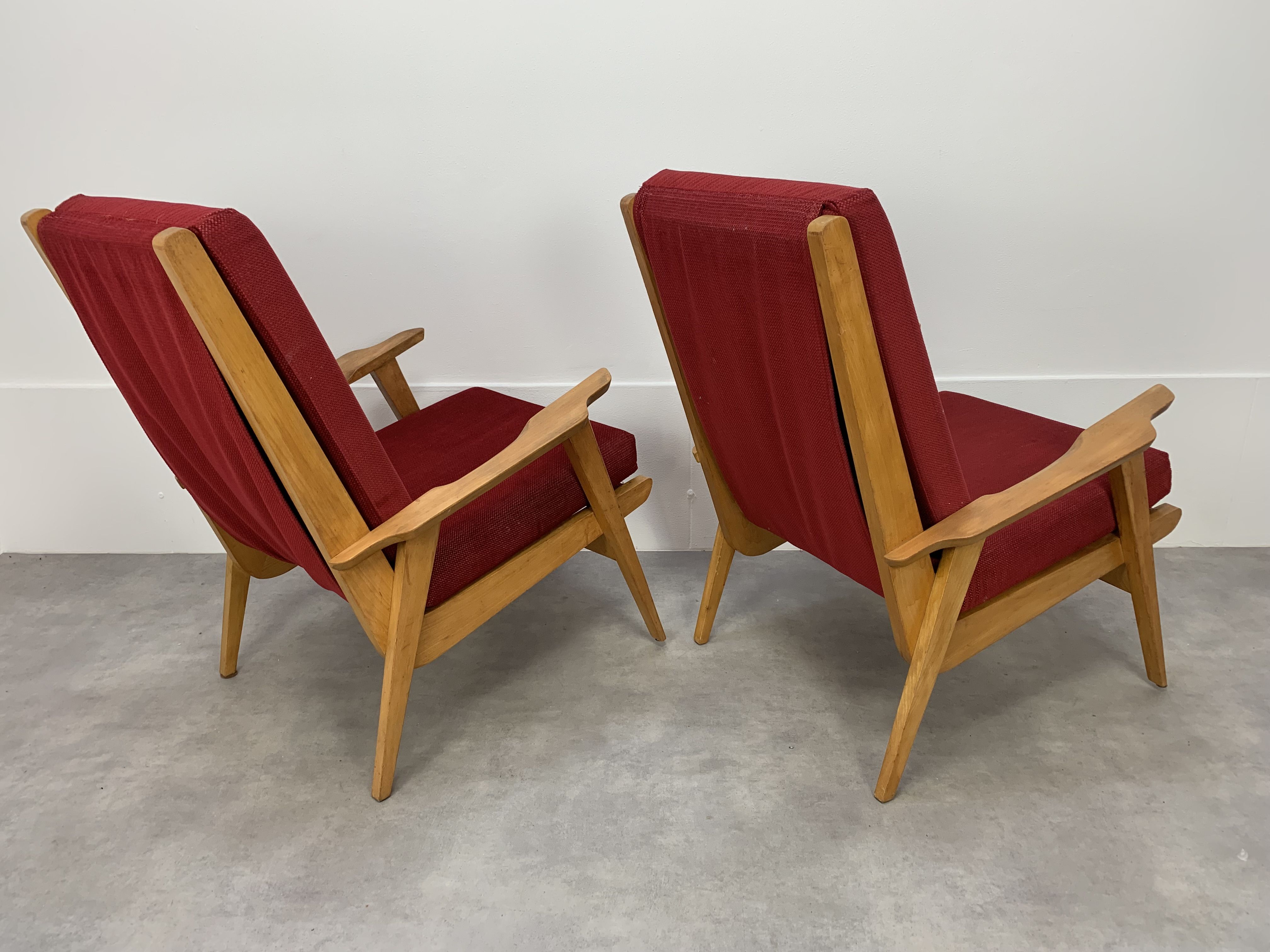 Pair of 50s vintage boomerang armchairs velvet and wood