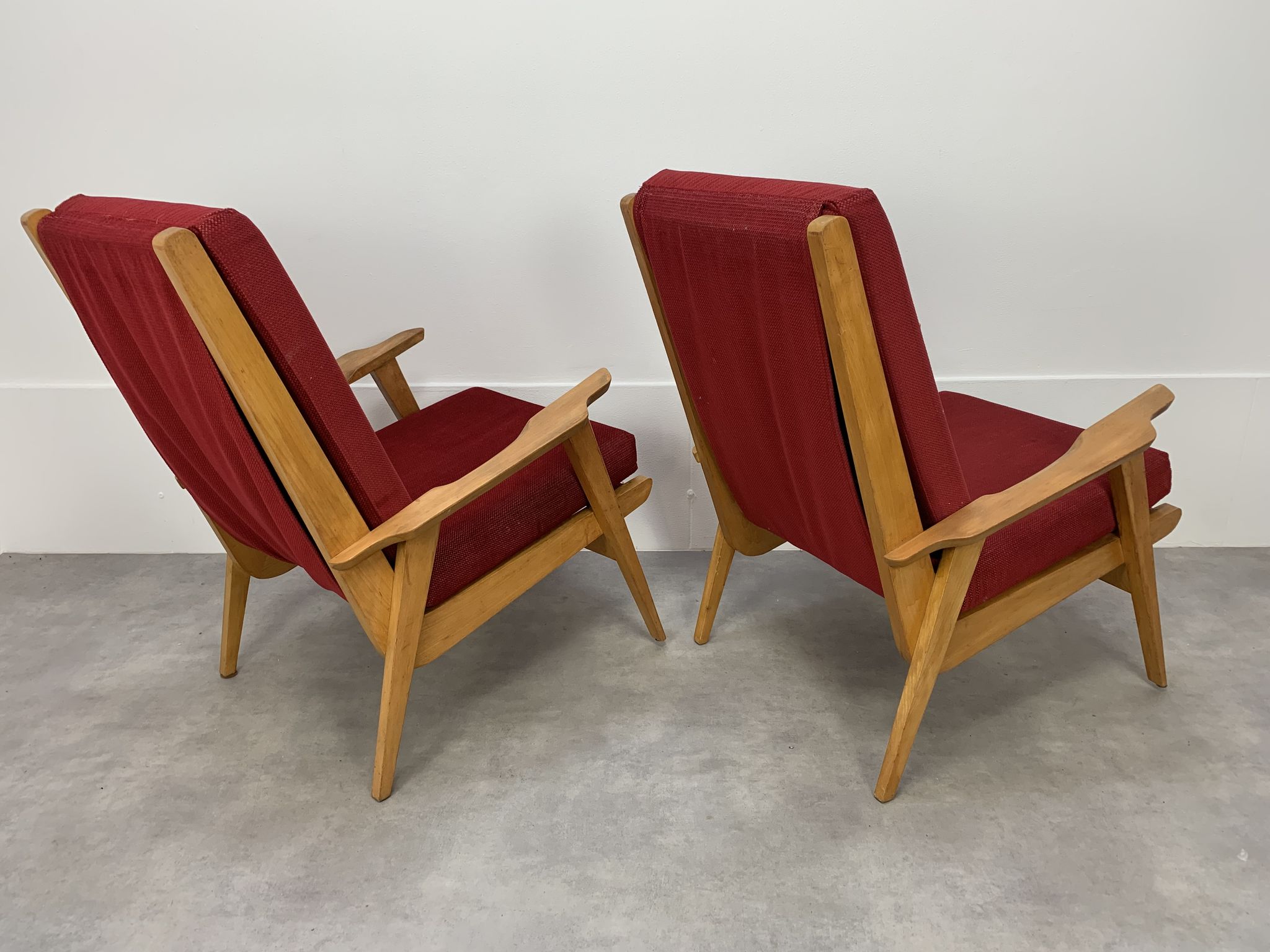 Pair of 50s vintage boomerang armchairs velvet and wood