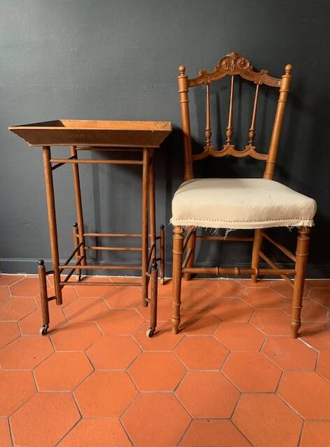 Napoleon III wooden side table, tray table on wheels, 19th century