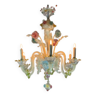 Multi-Colored Murano Glass Venetian Chandelier, Six Light Arms, Circa 1900