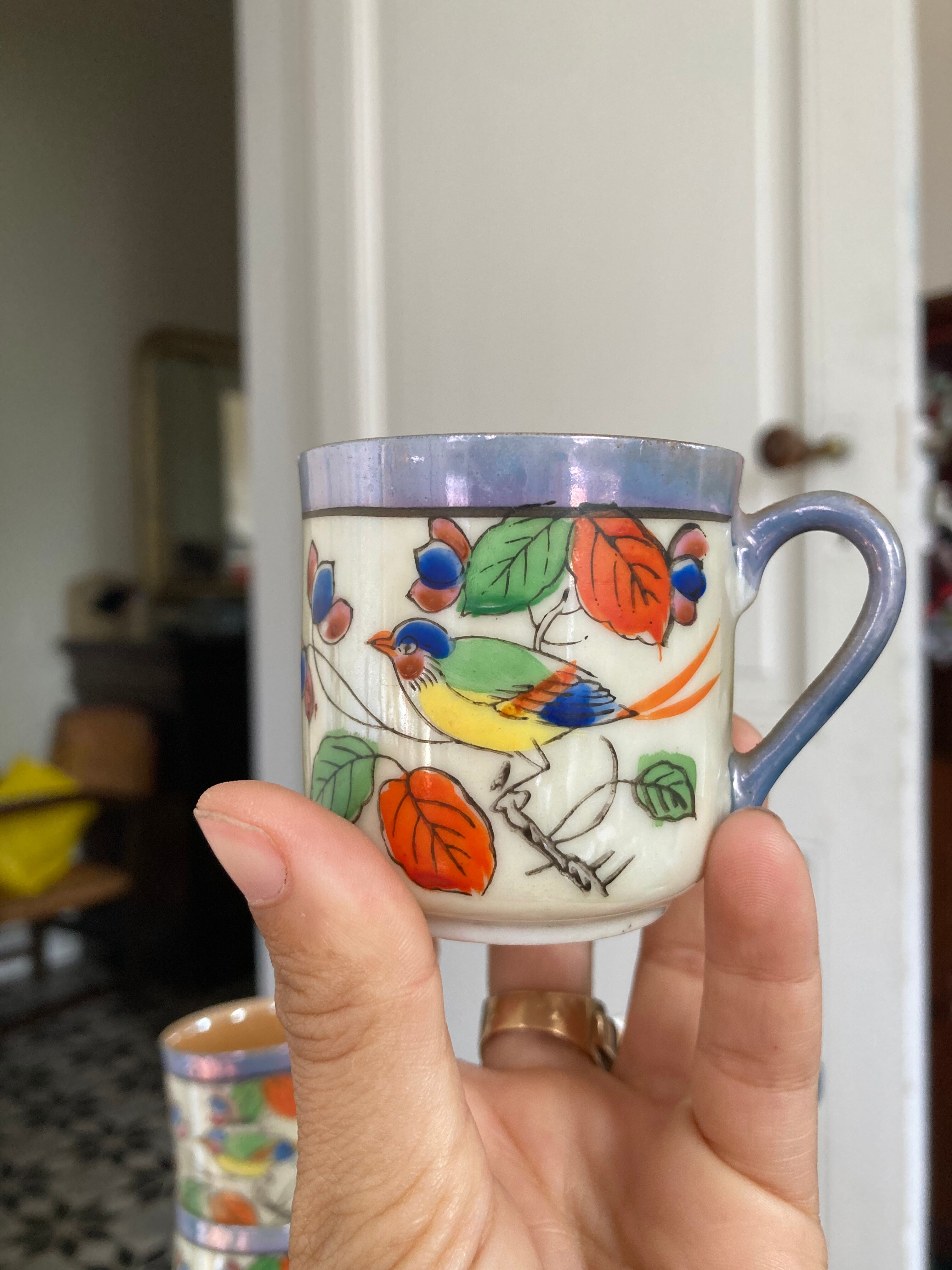 7 cups 1950 enamelled china saucers coffee or tea painted decoration birds