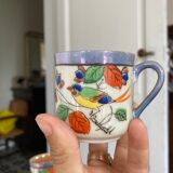 7 cups 1950 enamelled china saucers coffee or tea painted decoration birds