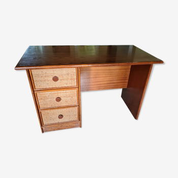 Bureau en bois et rotin