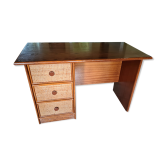 Bureau en bois et rotin